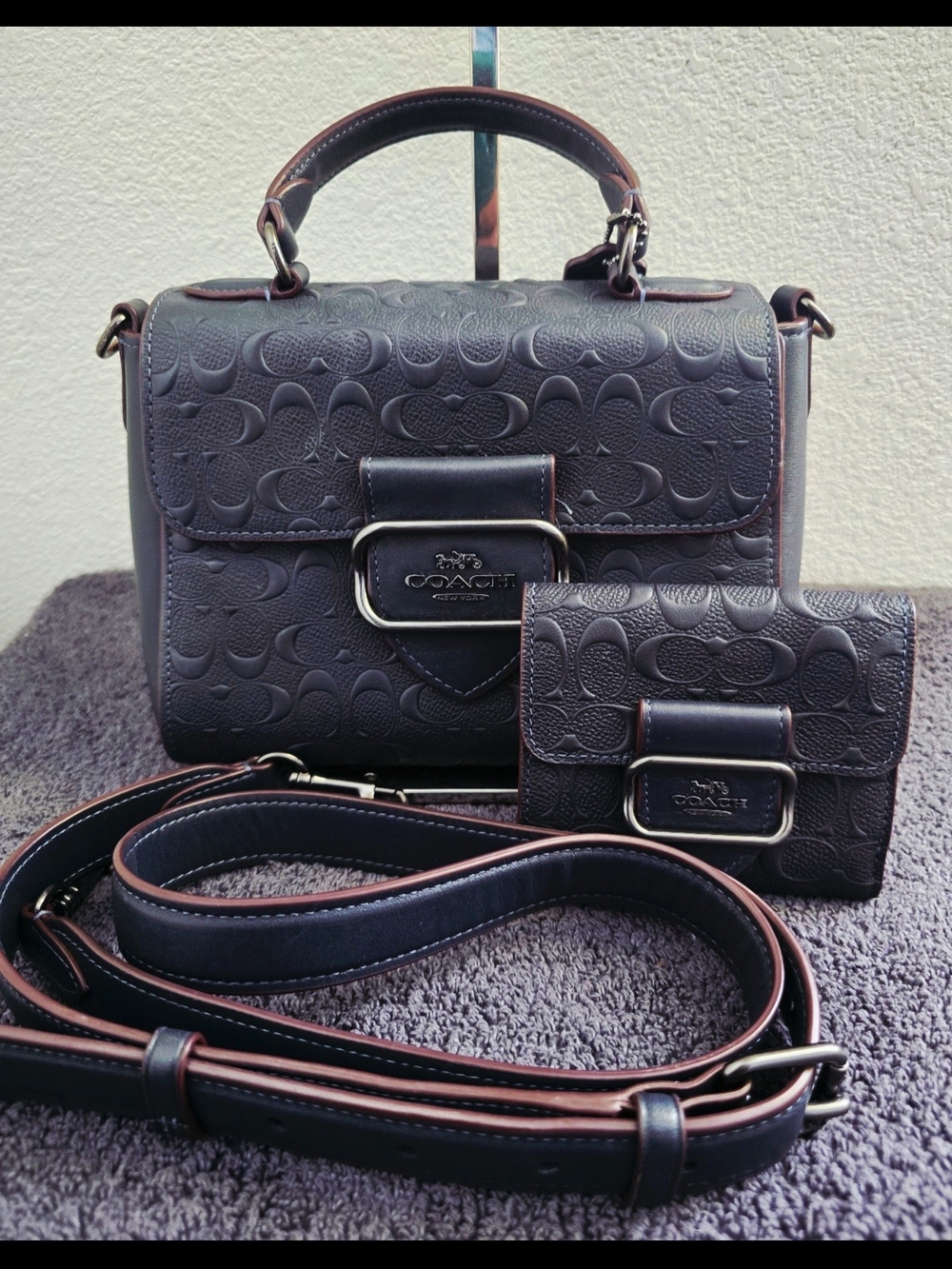 COACH CF854 Morgan "MIDNIGHT BLUE" Crossbody Bag Embossed Leather w/Wallet